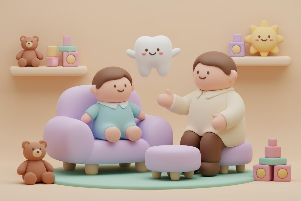 Ilustración de primera visita dental tranquila para niños