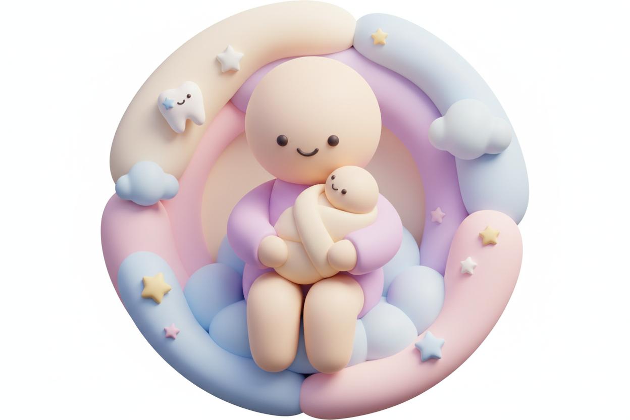 Ilustración de padre con bebé en ambiente calmado con elementos dentales suaves
